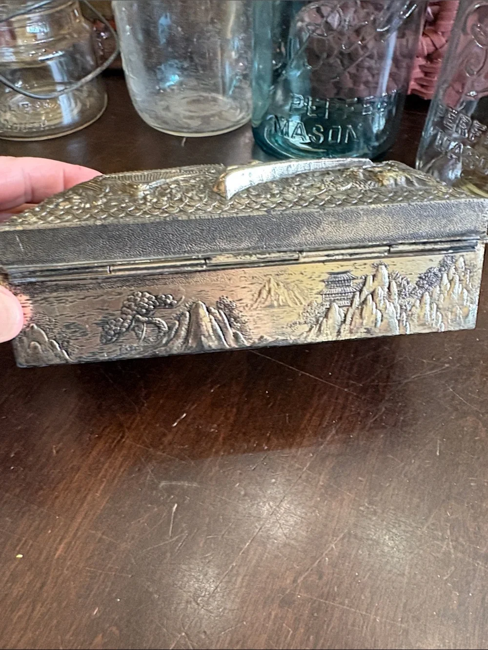 Ornate Embossed Metal Trinket Box in Aged Silver Tone